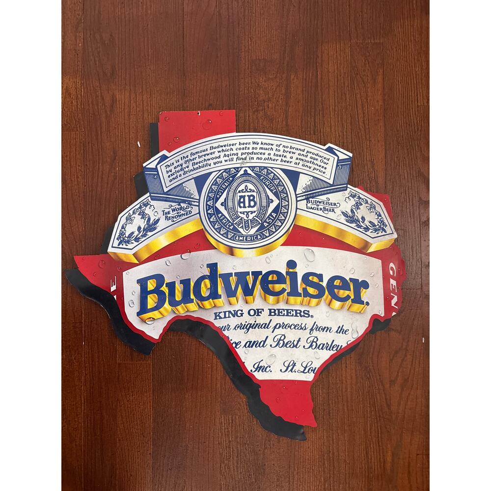 Vintage 1989 Budweiser Texas‎ State Metal Sign King of Beers MCA Tin Tacker 22in